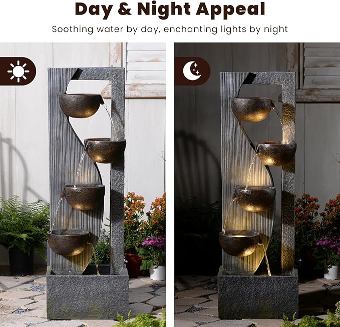 5-Tier Cascading Outdoor Fountain with LED Lights, 49.2" Tall Resin Waterfall Fountain for Garden, Patio, Backyard - Freestanding Water Feature