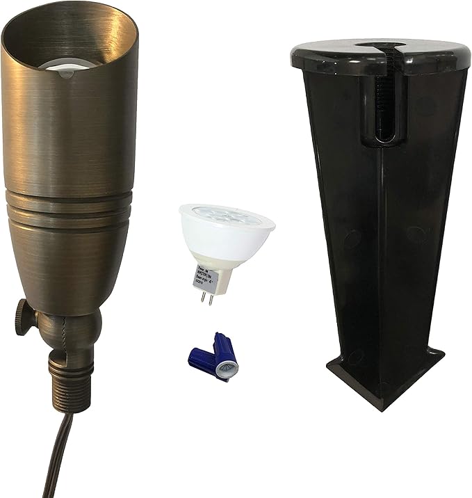 GKOLED UL Listed Solid Brass Landscape Spotlight, Low Voltage Outdoor Directional Uplight, with 5W MR16 LED Bulb & Large Rugged Slot Spike, 12V AC/DC Garden Patio Spot Up Light (10 Pack)