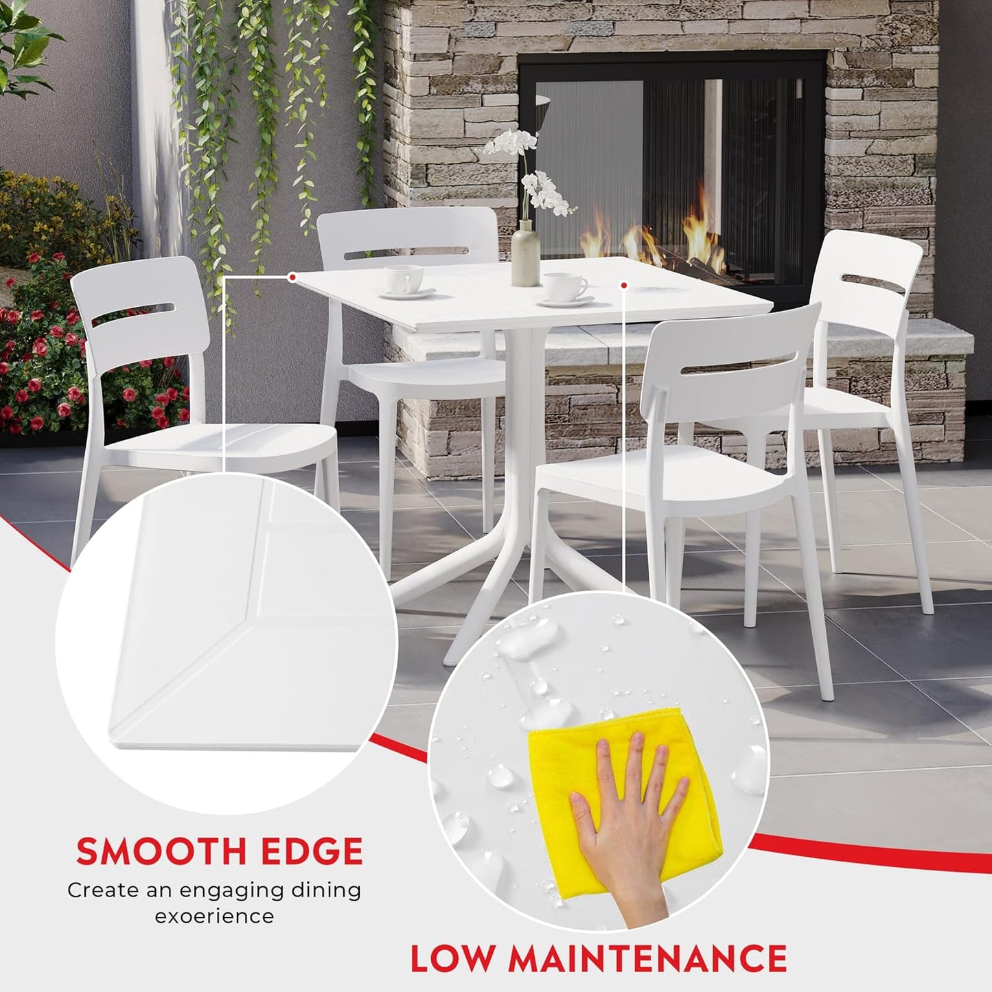 5-Piece Outdoor Dining Set, HDPE Patio Square Bistro Table and Stackable Chairs Sets for 4, Outdoor Furniture All Weather for Backyard Poolside, White