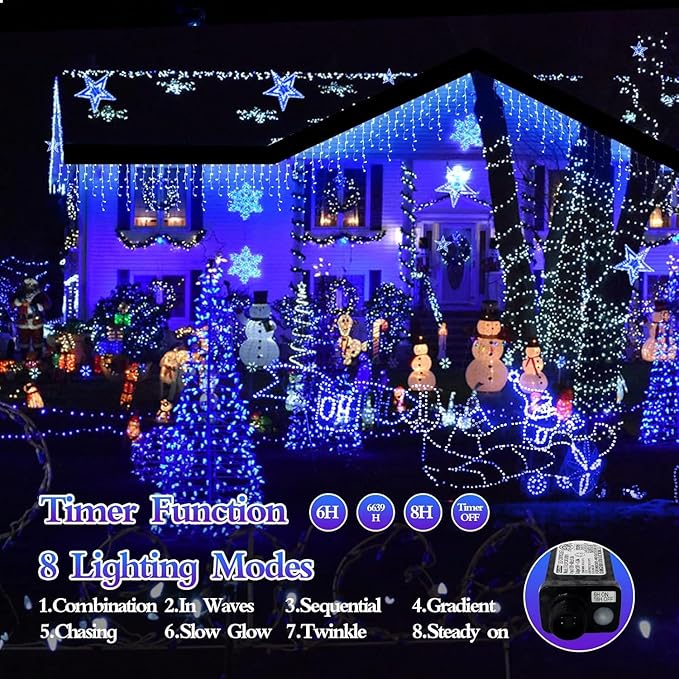 960 LED 98FT Christmas Lights Plug in 8 Modes with Timer Dimmable Christmas Decorations Outdoor Waterproof Indoor Curtain String Lights for Roof Garden Holiday Wedding Party Decor Blue