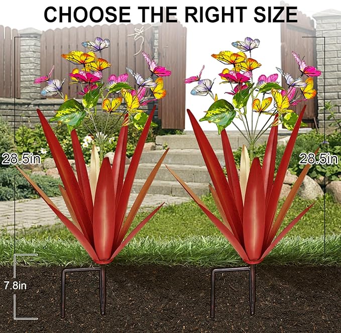 Garden Outdoor Butterfly Enlarge Thickened Wind Resistant Metal Agave Garden Art Metal Plant Country Sculpture Statue Decorations Ornaments Artificial Waterproof Butterflies(red 2pcs)