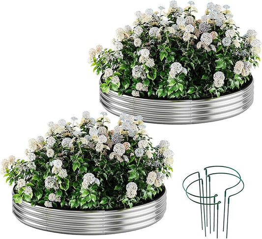 Galvanized Metal Planter Round Raised Garden Bed Kit for Gardening Outdoor，2x2x1ft 2pc Grow Garden Box Raised Flower Bed，Round Galvanized Planter Outdoor Metal Fire Pit Ring