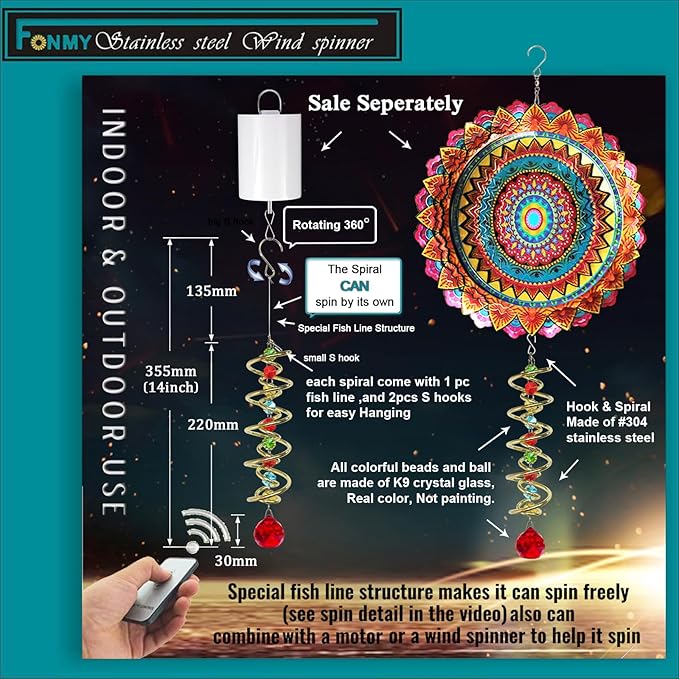 FONMY Gazing Ball Spiral Tail -Decorative Wind Spinner Sun Catcher Rainbow Maker Golden Double-Spiral W/Red Crystal Ball and Chain Crystals Beads for Indoor Outdoor Garden Decoration -14 inch Height