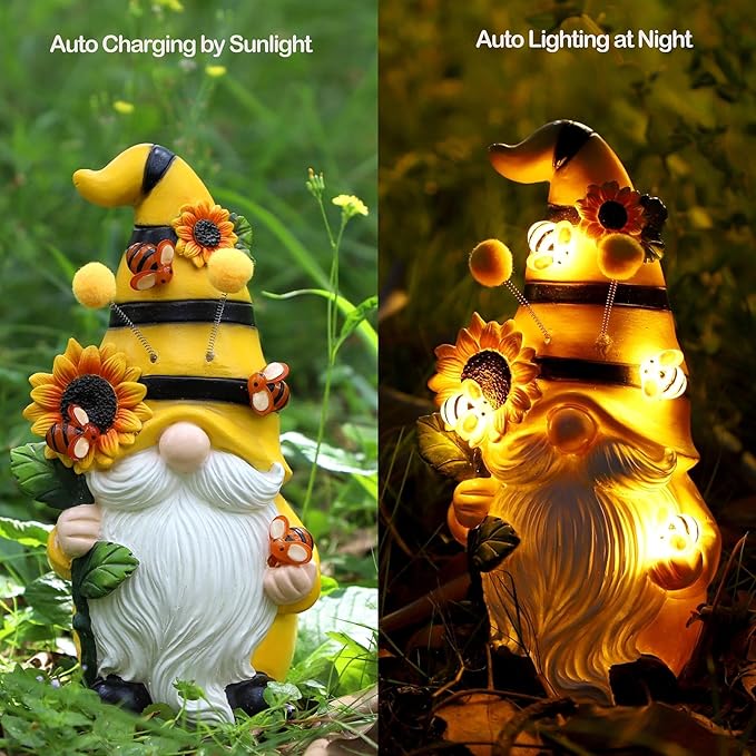 Garden Figurines Gnome Statue Decorations - Solar Resin Spring Bee Gnome Figurine Solar Garden Lights Outdoor Decorations Waterproof for Patio,Yard,Lawn,