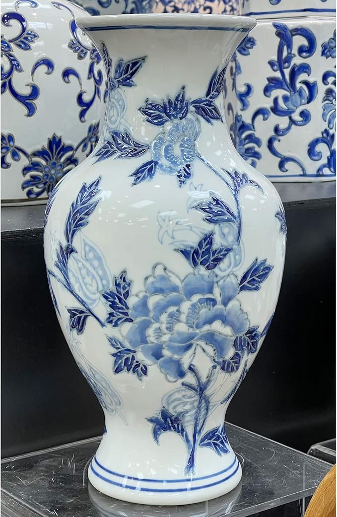 Galt International Blue and White Floral Chinoiserie Ceramic Vase 14" - Hand Painted Antique Style Porcelain Flower Bottle Fishtail Porcelain Chinese Vase for Home Decor Centerpiece