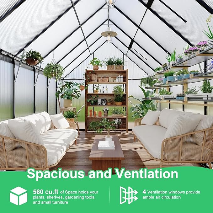 Greenhouse 8x10 FT Aluminum-Framed Heavy Duty Polycarbonate with Quick Setup Structure and Roof Vent, Large Enhanced Outdoors Green House Kit