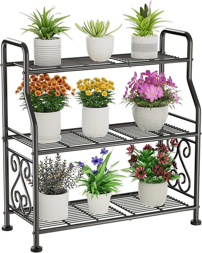 GIOTORENT Plant Stand Outdoor Indoor 3 Tier Metal Waterproof - 29.1" Plant Shelf for Patio, Balcony, Living Room, Large Capacity Tiered Plant Rack, Black