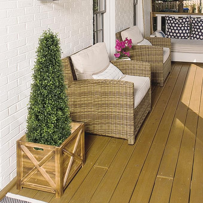 4ft Artificial Boxwood Topiary Trees (Set of 2) - UV Resistant Faux Plants Outdoor, Realistic 48in Fake Potted Bushes and Shrubs for Front Porch, Planter, Patio - Low Maintenance & Evergreen