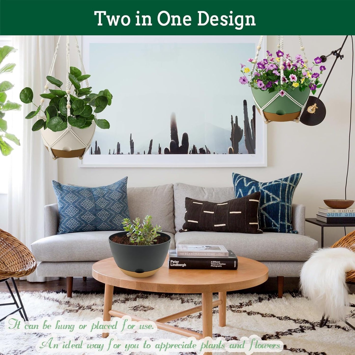 3 Pack Hanging Planters Set, 8 Inch Indoor Outdoor Hanging Plant Pot Basket,Hanging Flower Pot with Drainage Hole with 3 Hooks for Garden Home(8 inch Combination)