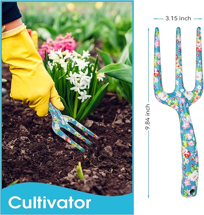 Garden Tool Set Gardening Hand Tools Kit, Floral Sturdy Garden Gifts, 4 PCS Heavy Duty Shovel Kit Including Trowel, Sharp Pruner, Hand Rake, and Mat (Blue Set)
