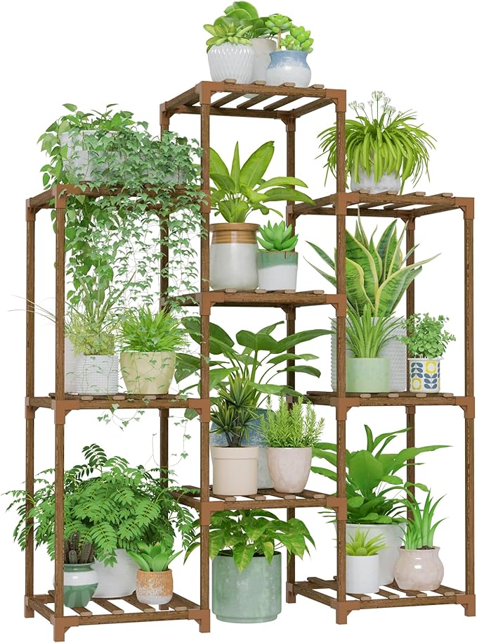 Bamworld Plant Stand Indoor Plants Shelf Outdoor Wood Plant Rack for 4 Tiers Large Flower Stand for Multiple Plants Ladder Plant Holder for Living Room Boho Home and Gardening
