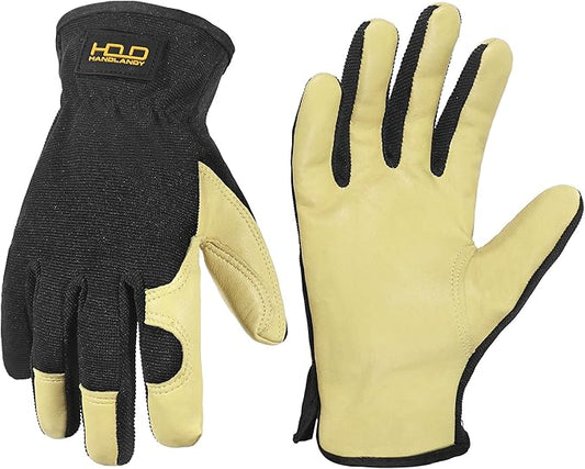 HANDLANDY Leather Work Gloves for Men & Women, Reinforced Durable Garden Gloves, Cowhide Working Glove for Gardening