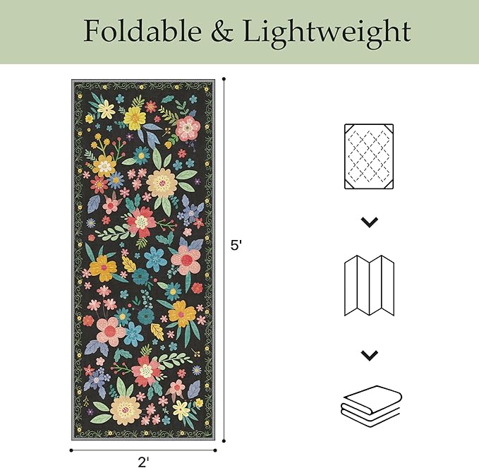 GENIMO Indoor Outdoor Area Rug 2' X 5' Waterproof, Washable Runner Rug Non Shedding, Easy Cleaning Floral Outdoor Carpet for Patio, Living Room, Bedroom, Entryway, Porch, Dining Room, Black