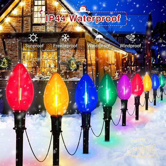 2 Packs Outdoor Christmas Decorations, Total 34 Feet 20 LED C9 Christmas Pathway Lights or Xmas String Lights, Multicolored Bulbs Waterproof Marker Lights for Yard Holiday Lawn Walkway Garden