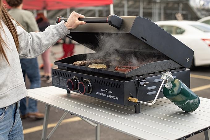 Gridiron Gameday 24" Flat Top Grill – Portable Tabletop Griddle with Hinged Lid, 24,000 BTUs, Flamethrower Ignition, Dual Heat Zones & Adjustable Legs for Tailgating, Camping, Outdoor Cooking