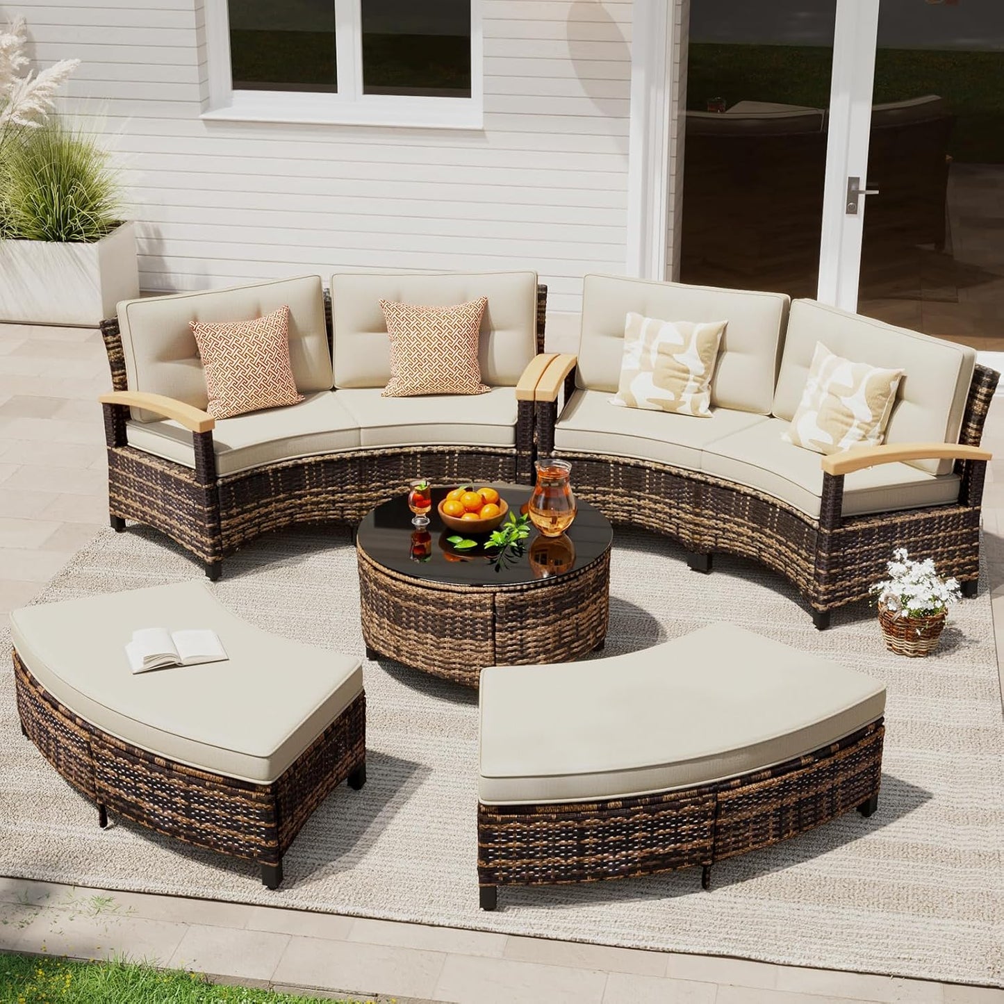 8 Piece Outdoor Patio Furniture Set, Half-Moon Curved Sectional Set with Wood Armrests, 2 Half-Moon Ottomans, Round Table (Brown)
