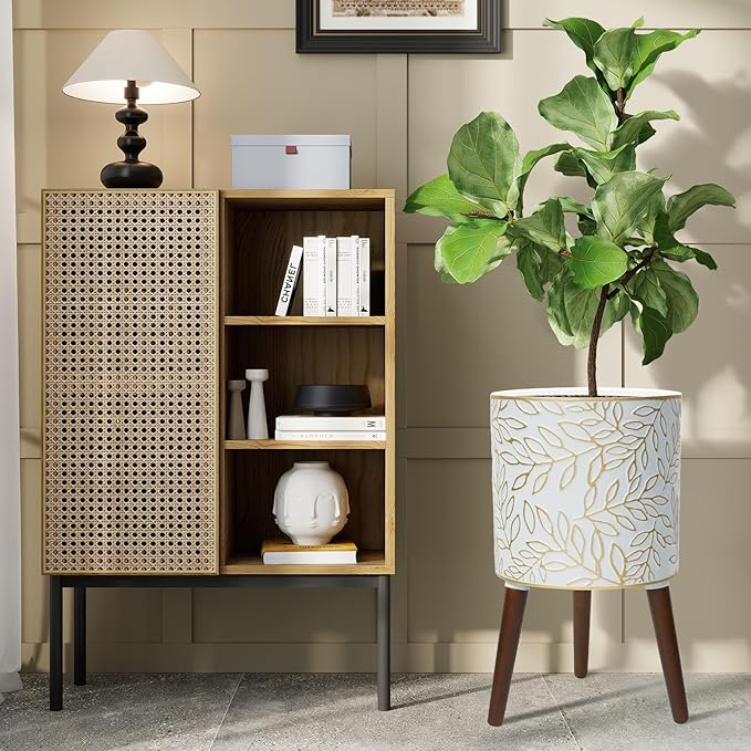 12inch Plant Pots with Wood Planter Holder Indoor Flower Pot with Gold Floral Embossed Modern Planters with Drainage Holes for Living Room, Office, Garden or Balcony