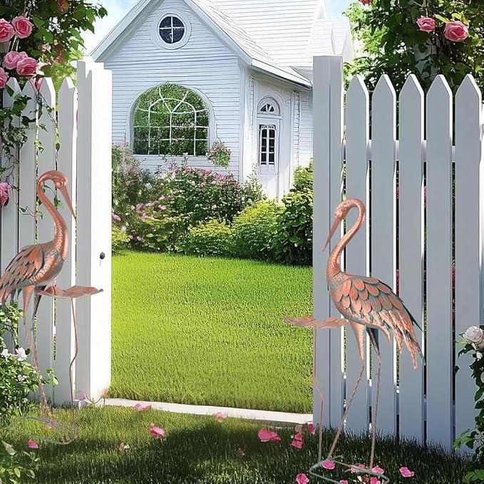 42'' Crane Garden Statue, Heron Outdoor Statue & Sculpture with Lotus Leaf, Metal Heron Yard Art Decor for Garden, Yard, Lawn, Pond (Brown & Blue)