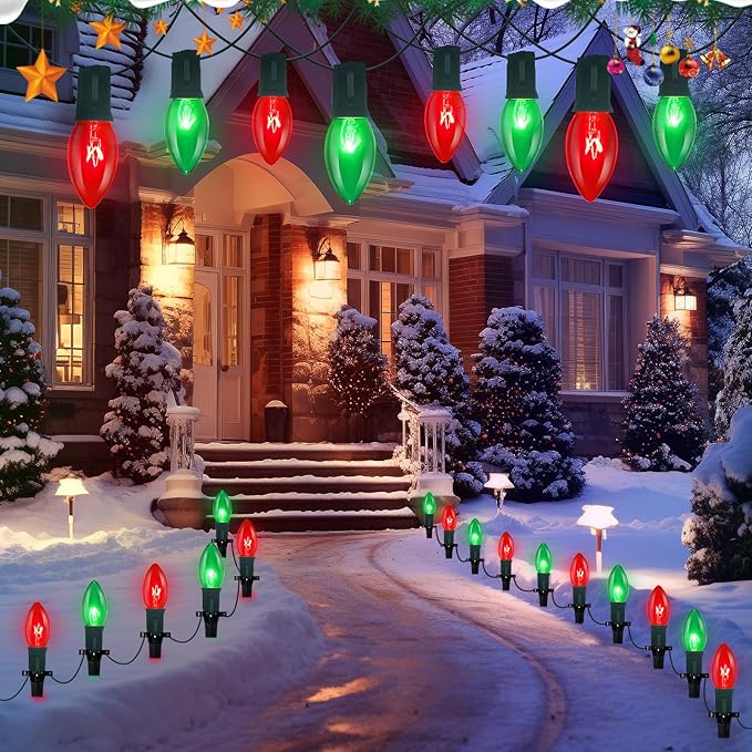 25FT Red and Green Christmas Lights,C9 Incandescent Christmas Lights with 26 Bulbs(1 Spare),Hanging Outdoor Christmas Lights for Home Garden Yard Xmas Tree House Decorations