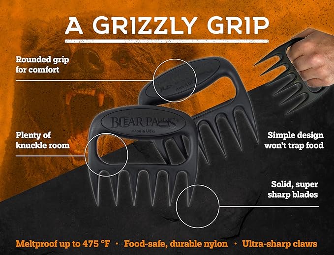 Bear Paws Meat Claws - The Original Meat Shredder Claws for Pulled Pork, USA Made - Easily Lift, Shred, Pull and Serve Pork, Chicken, Brisket and Turkey - Gift for Dad on Father's Day! (Black)