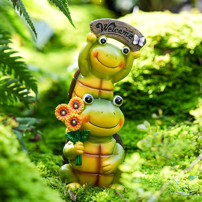 Garden Turtle Outdoor Statues, Solar Garden Statue Two Sweet Frog Face Turtles Decor with 3 LED Lights, Unique Art Resin Gifts for Patio Lawn Porch Yard