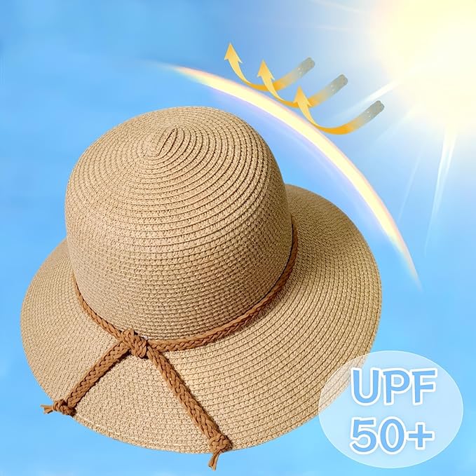 Beach Sun Straw Hats for Women, Summer Sun Protection Foldable Packable Wide Brim Hat
