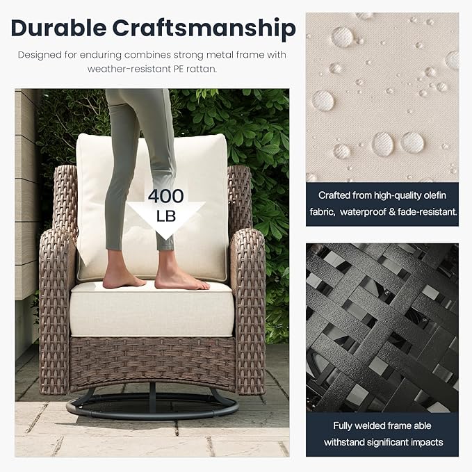 5 Pieces Outdoor Patio Furniture Sets with Rocking Swivel Chairs with 6-inch Thick Cushion and Fire Pit Table for Deck Lawn