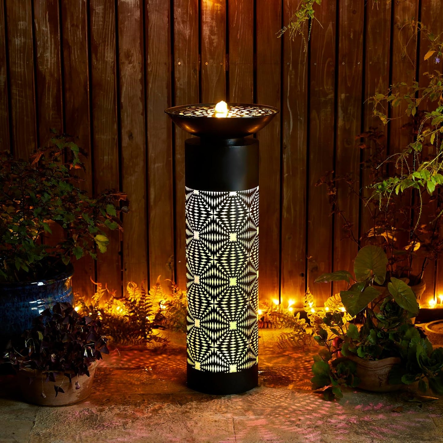 Glitzhome Modern Black Metal Cutout Water Fountain - 36'' Outdoor Bird Bath Fountain with LED Light & Pump - Freestanding Waterfalls Garden Fountains for Patio Backyard Porch Patio Decor