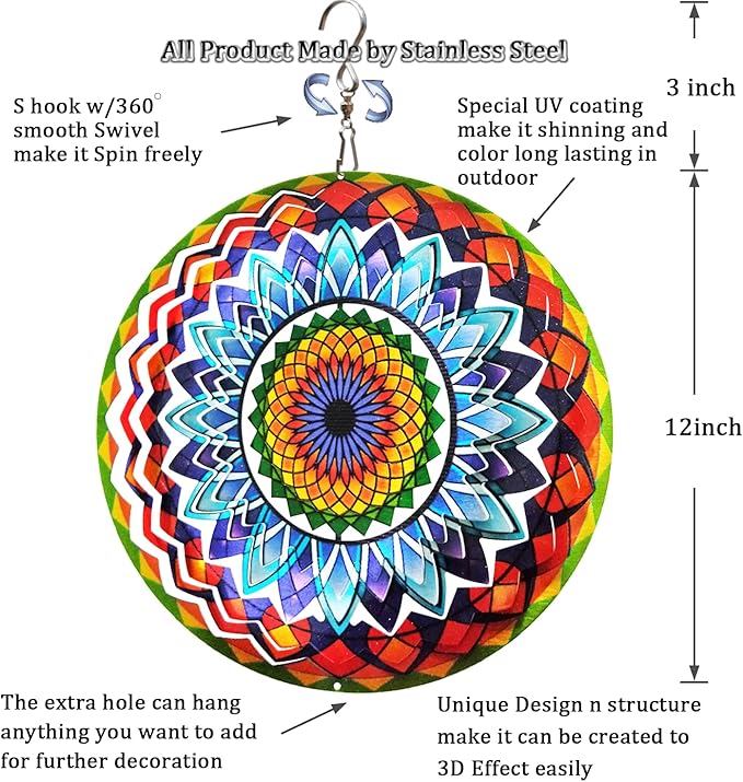 FONMY Wind Spinner Mandala Sun Flower 12 inches – 3D Stainless Steel – Laser Cut Metal Art Geometric Pattern - Hanging Wind Spinner, Kinetic Yard Art Decorations - Indoor/Outdoor Décor