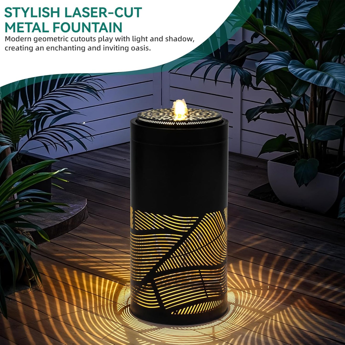 23.6 Inch Modern Outdoor Water Fountain with LED Lights - Black Geometric Bird Bath Garden Fountain for Patio, Yard, Porch Decor - Soothing Waterfall for Relaxing Ambiance