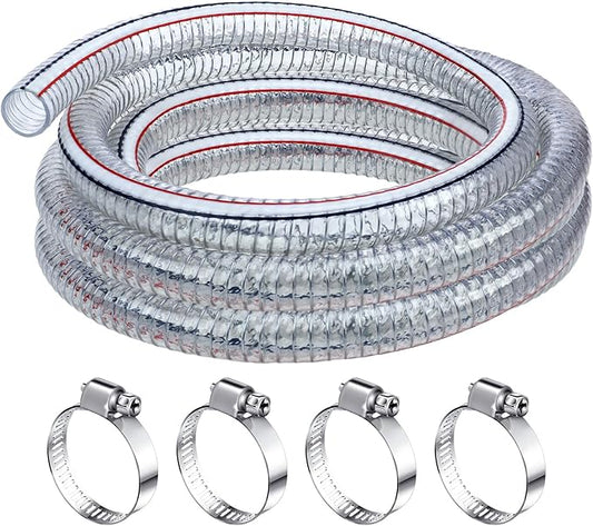 Frienda Heavy Duty Steel Wire Flexible Tubing with Fasteners PVC High Pressure Drain Hose Tube Pond Tubing Clear Wire Reinforced for Pond Bilge Pump Vacuum Suction Hose(6.6 Ft,1.5 Inch Id)