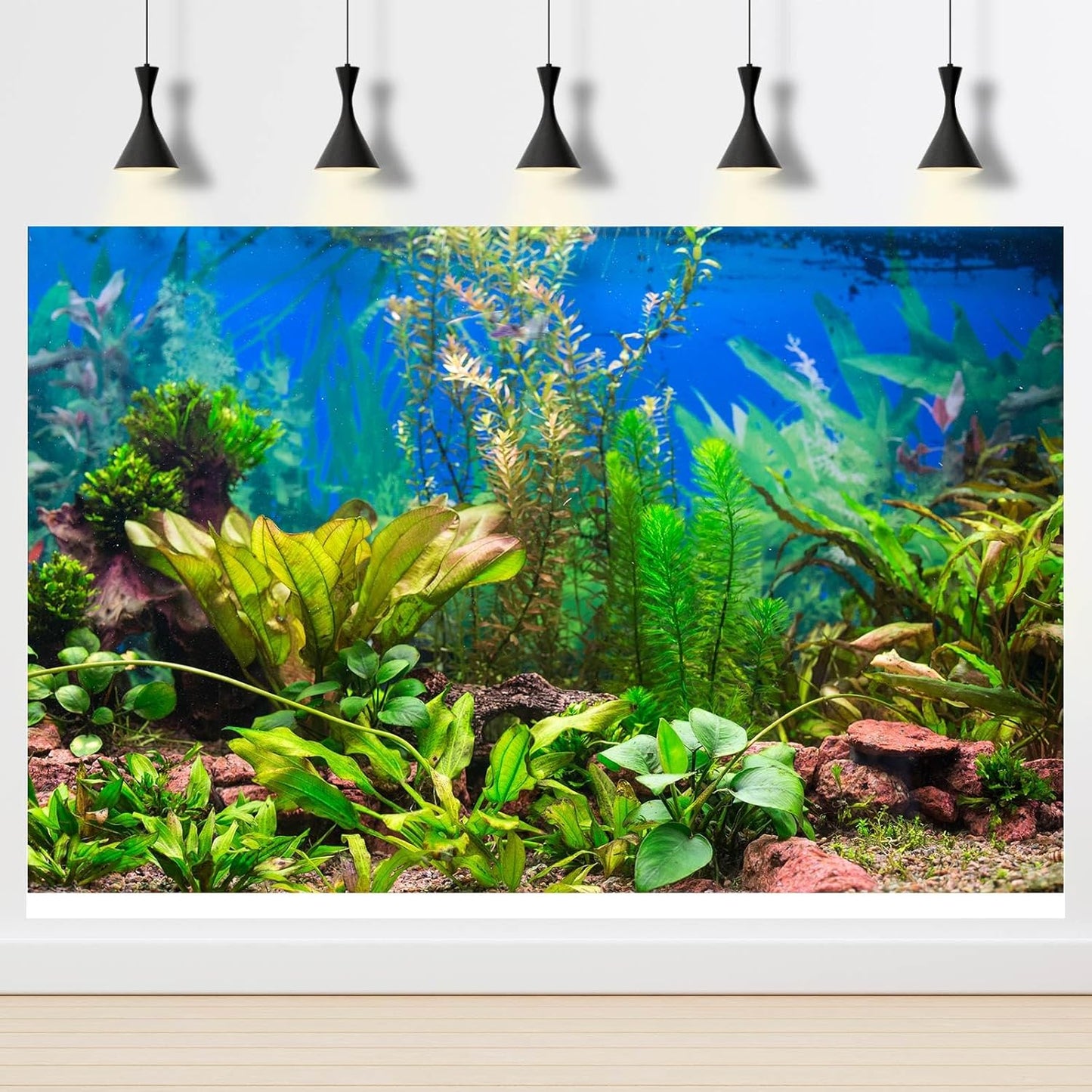 Aquarium Background Various Underwater Grass Plants Aquarium Backdrop Vivid and Fresh Green Aquatic Plants Stone River Bed and Dead Wood Purple Stone Fish Tank Background 36x24in
