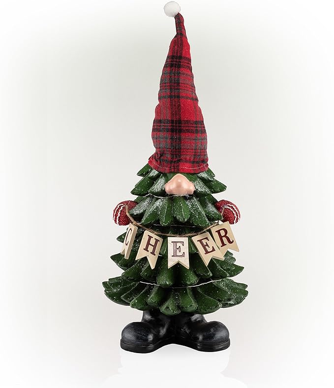 Alpine Corporation 28" H Polyresin Christmas Tree Cheer Gnome Decoration with Color Changing LED Lights, Christmas Decoration