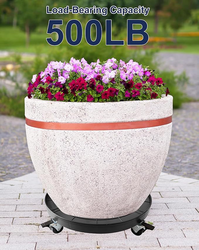 16 Inch Plant Caddy with Wheels Outdoor Indoor, Large Rolling Plant Stand for 500lb Heavy Duty Flower Pots, Round Plant Rollers Lockable Potted Planter Dolly, Black