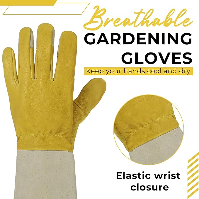 HANDLANDY Rose Pruning Gardening Gloves for Men Women, Thorn Proof Forearm Protection Leather Garden Gloves, Gardening Gifts for Gardeners (Yellow- goatskin, Medium (Pack of 1))