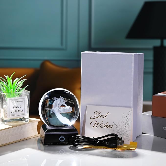 Axolotl Glass Animals Gamer Room Decor - 3D Crystal Ball Night Light Statue, 3.15'' Gamer Gifts for Kids