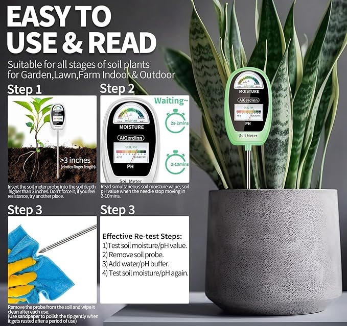 2-in-1 Soil Test Kit, Soil Moisture Meter, Soil pH Tester-Dual Dial-Simultaneously-Display Results-Soil pH Meter, Moisture Meter for House Plants,Lawn,Garden,Farm Indoor&Outdoor-BabyGreen