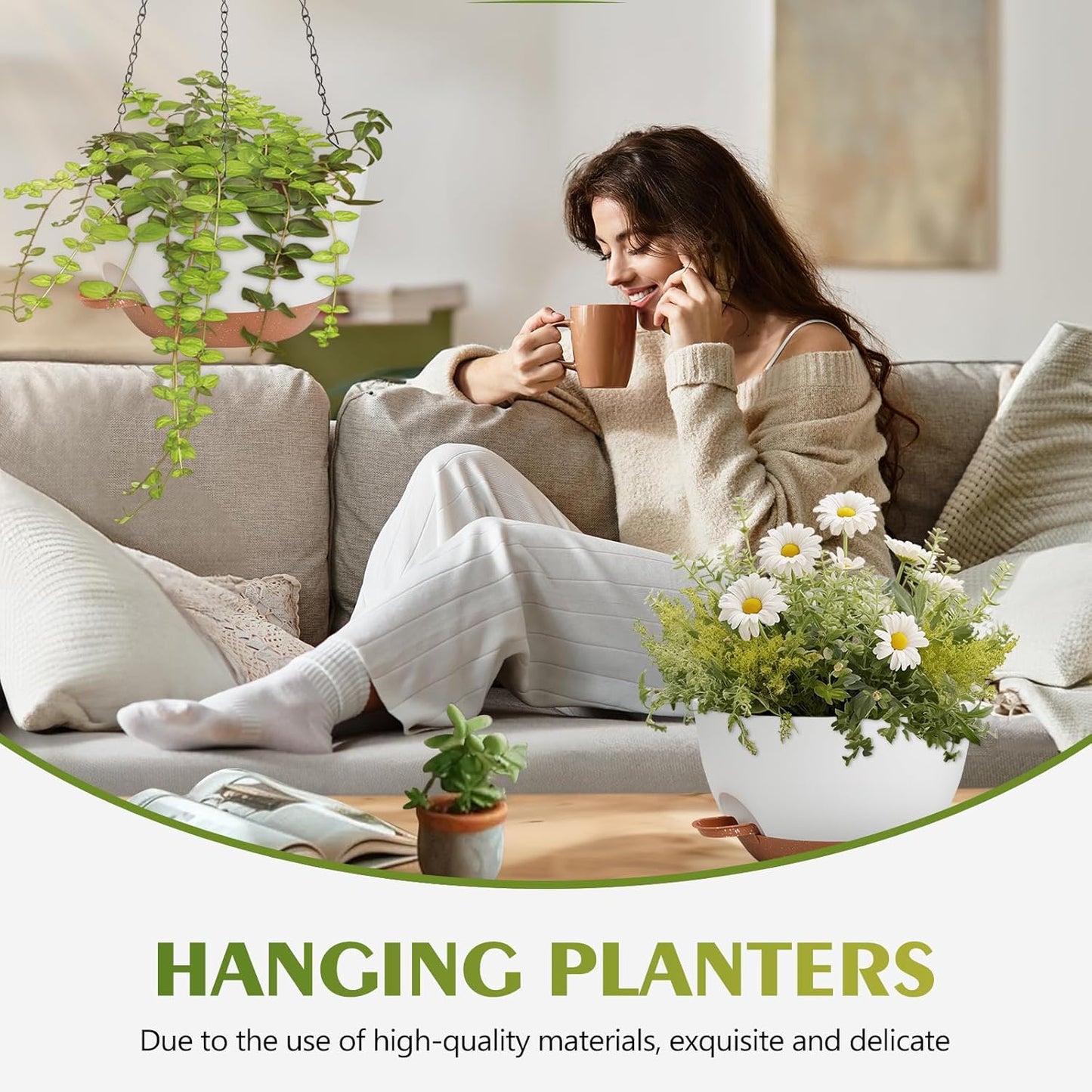 GARDIFE Hanging Planters for Indoor Outdoor Plants, 2 Pack Self Watering Hanging Pot with Drainage Holes & Removable Tray (White, 12 inch)