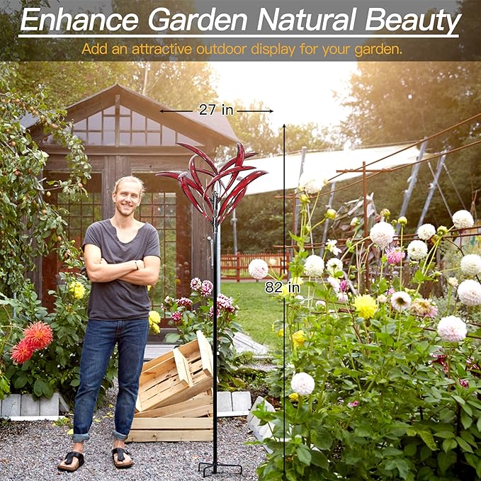 82 inch Wind Spinners Outdoor - Extra Large Metal Wind Sculptures & Spinner with Stake, Big Clearance Windmills for The Yard and Garden, Tall Yard Art Decor-Burgundy Red