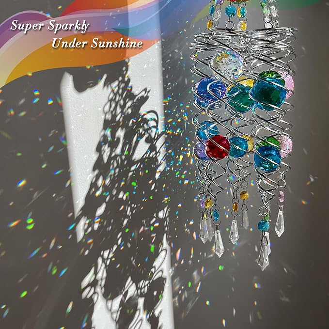 FONMY Cat Gazing Ball Spiral Tail Wind Spinner Sun Catcher Rainbow Maker Silver Spiral W/Blue K9 Crystal Ball Tree Hanging Ornament Indoor Outdoor Garden Decor. 19.5inch H