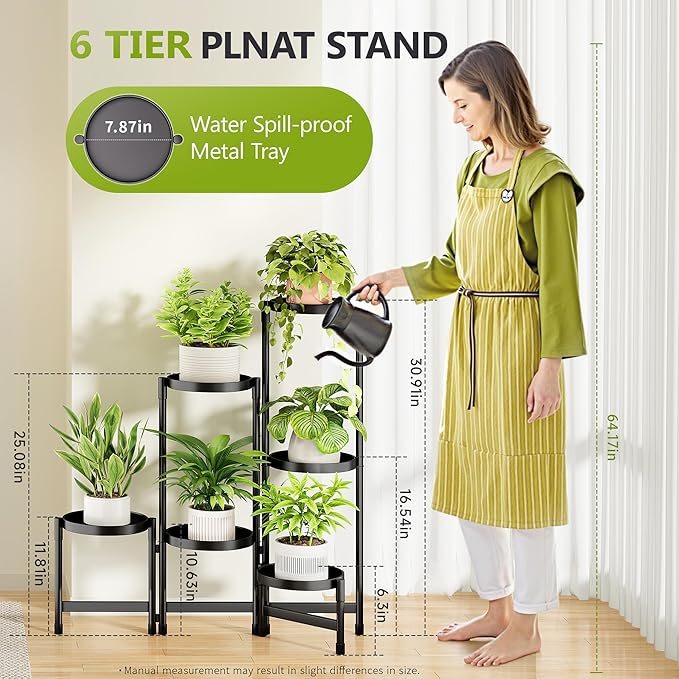 6 Tier Metal Plant Stand Indoor, Rotatable Corner Plant Shelf Outdoor, Tiered Flower Pot Display Stand, Black Multiple Plants Holder for Patio Living Room Balcony Garden Home Decor