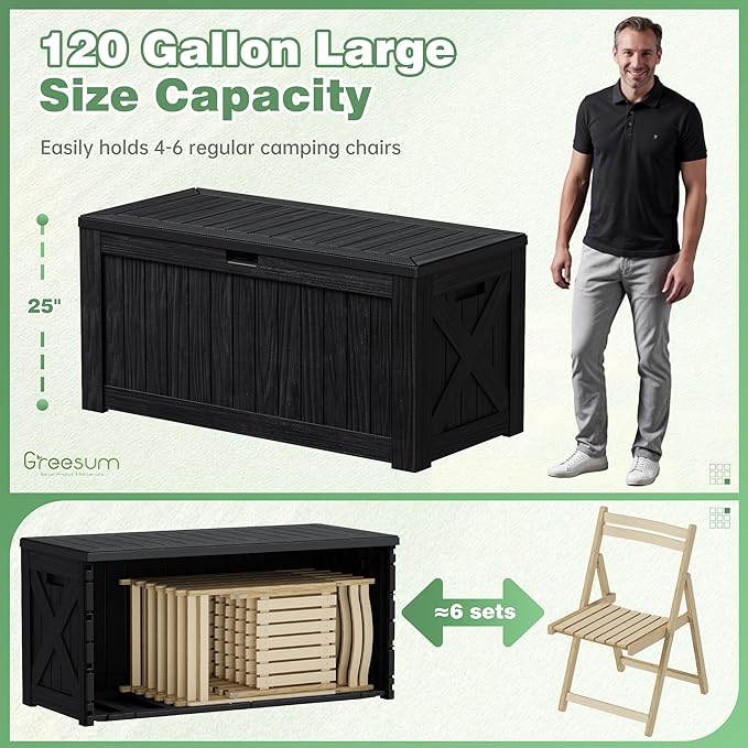 Greesum 120 Gallon Outdoor Storage Box with Lock - Large Resin Deck Box, Reinforced Lid for Garden, Patio, Lawn, Black