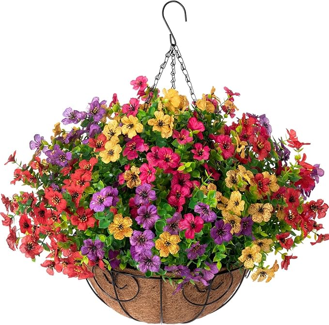 Artificial Faux Hanging Plants Flowers Basket for Summer Outdoor Outside Decoration, Fake Silk UV Sun Resistant Look Real Colorful Daisy Eucalyptus for Porch Home Patio Balcony Yard