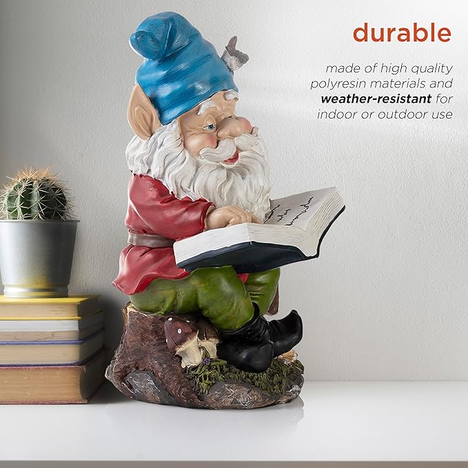 Alpine Corporation 14" Tall Outdoor Garden Gnome Reading a Book Yard Statue Decoration