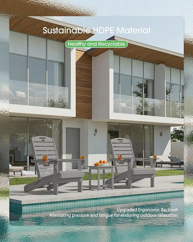 Adirondack Chairs Set of 6, Outdoor Fire Pit Chairs, HDPE All-Weather Adirondack Chairs with Cup Holder, Lawn Chair for Deck, Patio, Garden (Grey)