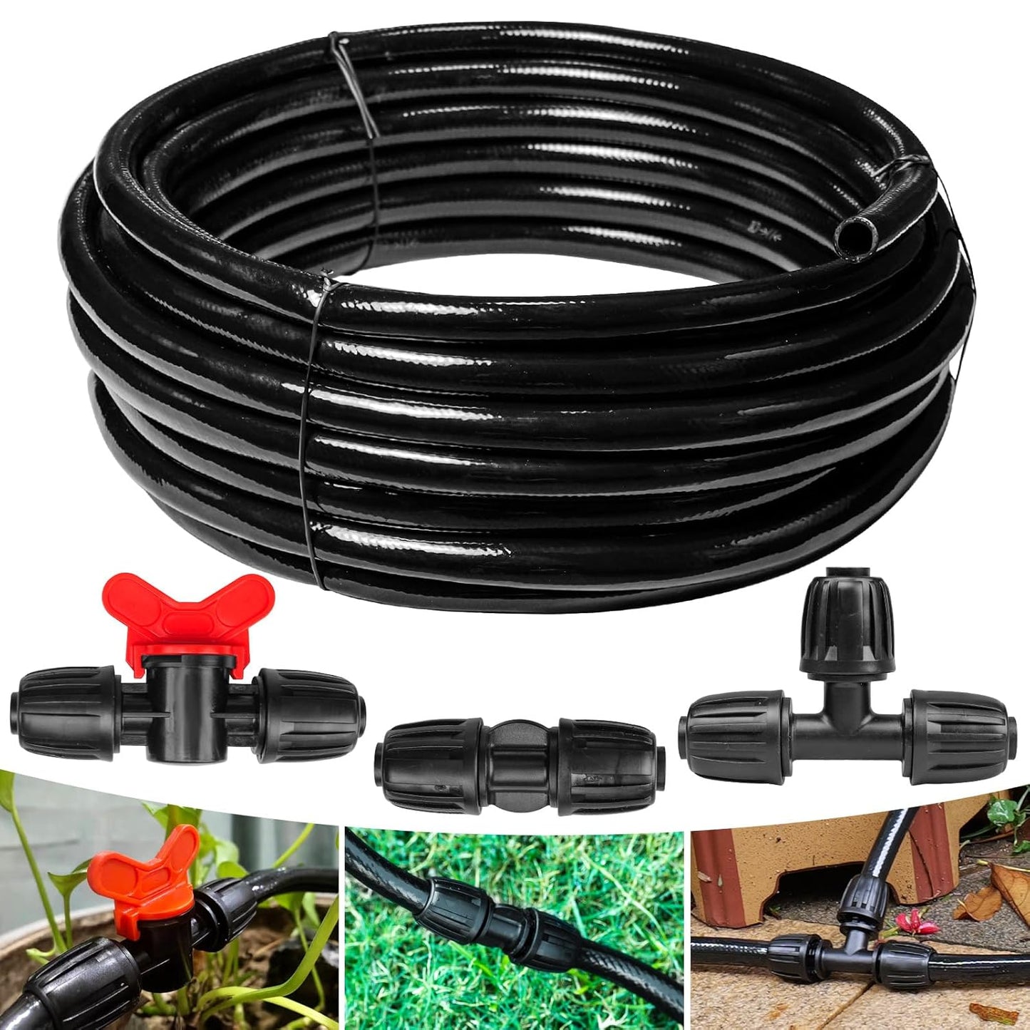 40 FT 1/2 inch Drip Irrigation Irrigation kit Main Line Supply Hose Tube for Garden Irrigation System (Includes 1/2"" Straight Connector, 3-Way Connector, Switch Valve), Black