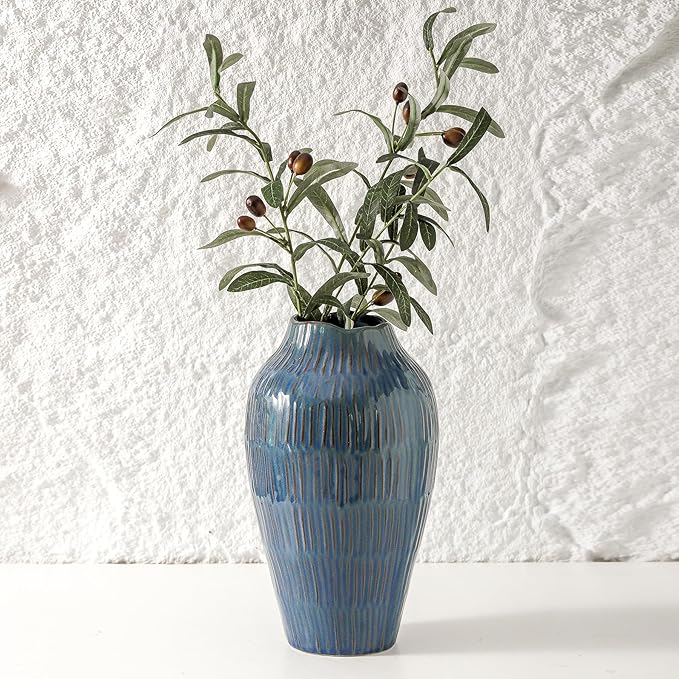 Blue Ceramic Vase for Home Decor,11.6 Inch Flower Vase，Decorative Vases for Pampas Grass，Modern Art Texture Vases for Home Entryway Living Room Dining Table Farmhouse Office Decor-Blue