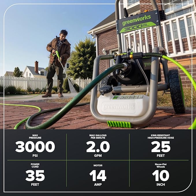 Greenworks Pro Brushless 3000 PSI (CSA Certified) 2.0 GPM Max / 1.1 GPM Electric Pressure Washer (Foldable Handles, Rugged Steel Frame, 25 FT Hose, 35 FT GFCI Power Cord)