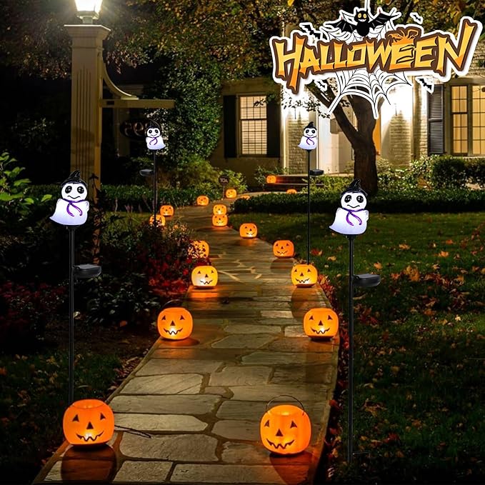 Afirst Halloween Ghosts Pathway Solar Lights Handblown Glass Waterproof Outdoor Halloween Decoration Solar LED Outdoor Décor Front Porch Decor 2 Pack