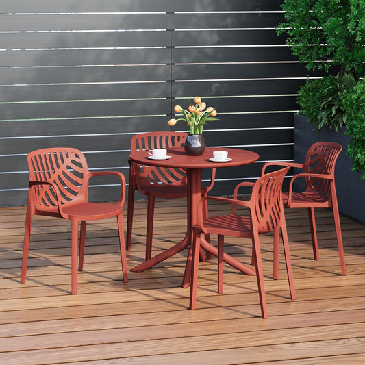 4 Person Dining Table Set, HDPE Patio Round Dining Table and Stackable Chair, Kitchen & Dining Room Sets All Weather for Backyard Porch Poolside, Red
